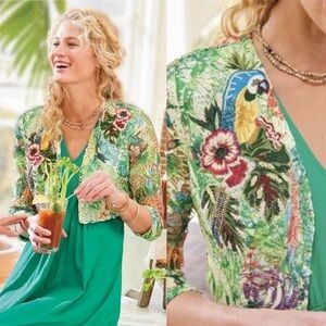 Soft Surroundings Brand crop jacket floral XL 1X Green lace - embroidered parrot